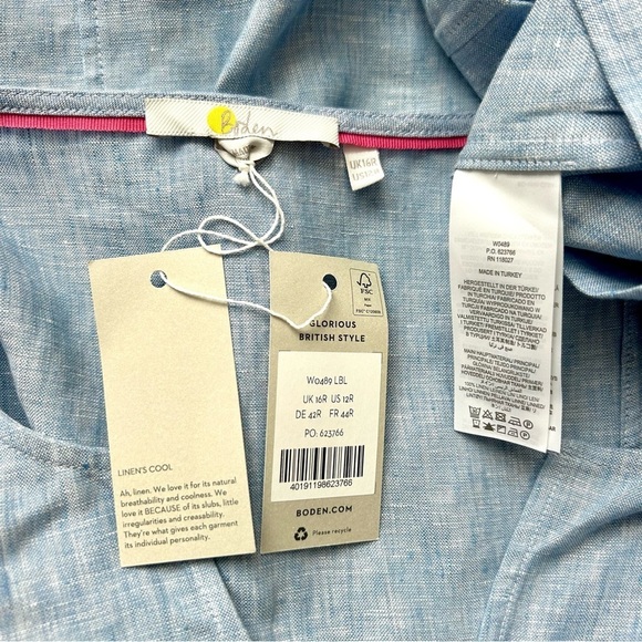 Boden Kelsey Tunic Dress Chambray Blue Linen 3/4 Sleeve Tie Belt Size 12 NWT - Picture 10 of 14